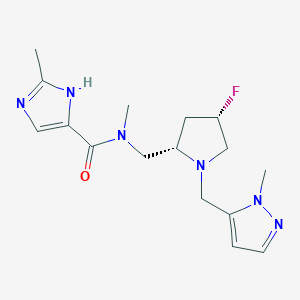 molecular formula C16H23FN6O B6825898 N-[[(2S,4S)-4-fluoro-1-[(2-methylpyrazol-3-yl)methyl]pyrrolidin-2-yl]methyl]-N,2-dimethyl-1H-imidazole-5-carboxamide 