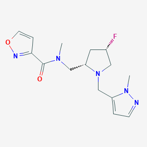 molecular formula C15H20FN5O2 B6826867 N-[[(2S,4S)-4-fluoro-1-[(2-methylpyrazol-3-yl)methyl]pyrrolidin-2-yl]methyl]-N-methyl-1,2-oxazole-3-carboxamide 