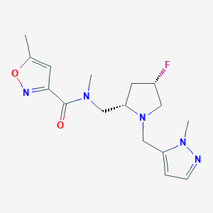 molecular formula C16H22FN5O2 B6827312 N-[[(2S,4S)-4-fluoro-1-[(2-methylpyrazol-3-yl)methyl]pyrrolidin-2-yl]methyl]-N,5-dimethyl-1,2-oxazole-3-carboxamide 