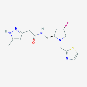molecular formula C15H20FN5OS B6828120 N-[[(2S,4S)-4-fluoro-1-(1,3-thiazol-2-ylmethyl)pyrrolidin-2-yl]methyl]-2-(5-methyl-1H-pyrazol-3-yl)acetamide 