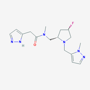 molecular formula C16H23FN6O B6829188 N-[[(2S,4S)-4-fluoro-1-[(2-methylpyrazol-3-yl)methyl]pyrrolidin-2-yl]methyl]-N-methyl-2-(1H-pyrazol-5-yl)acetamide 