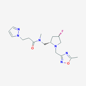 molecular formula C16H23FN6O2 B6829199 N-[[(2S,4S)-4-fluoro-1-[(5-methyl-1,2,4-oxadiazol-3-yl)methyl]pyrrolidin-2-yl]methyl]-N-methyl-3-pyrazol-1-ylpropanamide 