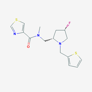 molecular formula C15H18FN3OS2 B6829293 N-[[(2S,4S)-4-fluoro-1-(thiophen-2-ylmethyl)pyrrolidin-2-yl]methyl]-N-methyl-1,3-thiazole-4-carboxamide 