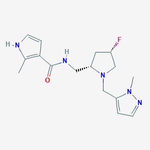 molecular formula C16H22FN5O B6829390 N-[[(2S,4S)-4-fluoro-1-[(2-methylpyrazol-3-yl)methyl]pyrrolidin-2-yl]methyl]-2-methyl-1H-pyrrole-3-carboxamide 