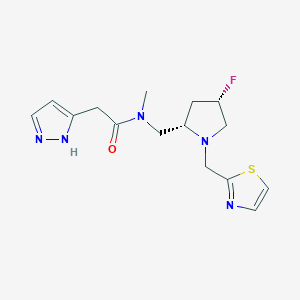 molecular formula C15H20FN5OS B6830036 N-[[(2S,4S)-4-fluoro-1-(1,3-thiazol-2-ylmethyl)pyrrolidin-2-yl]methyl]-N-methyl-2-(1H-pyrazol-5-yl)acetamide 