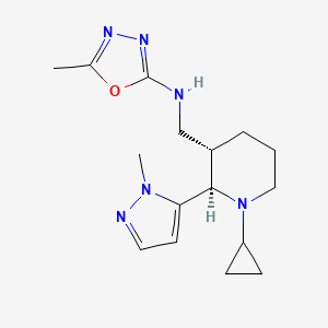 molecular formula C16H24N6O B6841308 N-[[(2R,3S)-1-cyclopropyl-2-(2-methylpyrazol-3-yl)piperidin-3-yl]methyl]-5-methyl-1,3,4-oxadiazol-2-amine 