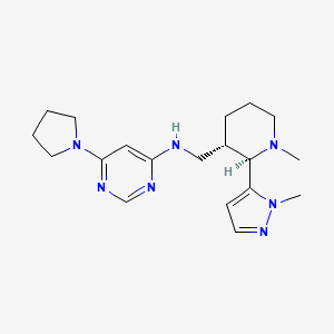 molecular formula C19H29N7 B6841343 N-[[(2R,3S)-1-methyl-2-(2-methylpyrazol-3-yl)piperidin-3-yl]methyl]-6-pyrrolidin-1-ylpyrimidin-4-amine 