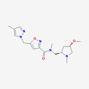 molecular formula C17H25N5O3 B6841551 N-[[(2S,4S)-4-methoxy-1-methylpyrrolidin-2-yl]methyl]-N-methyl-5-[(4-methylpyrazol-1-yl)methyl]-1,2-oxazole-3-carboxamide 