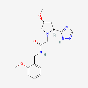 molecular formula C17H23N5O3 B6843909 N-[(2-methoxyphenyl)methyl]-2-[(2S,4R)-4-methoxy-2-(1H-1,2,4-triazol-5-yl)pyrrolidin-1-yl]acetamide 