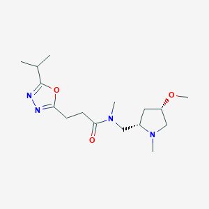 molecular formula C16H28N4O3 B6856973 N-[[(2S,4S)-4-methoxy-1-methylpyrrolidin-2-yl]methyl]-N-methyl-3-(5-propan-2-yl-1,3,4-oxadiazol-2-yl)propanamide 