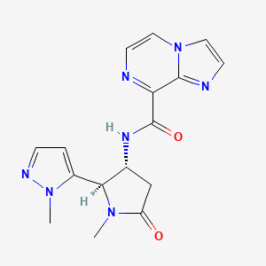 molecular formula C16H17N7O2 B6860252 N-[(2R,3R)-1-methyl-2-(2-methylpyrazol-3-yl)-5-oxopyrrolidin-3-yl]imidazo[1,2-a]pyrazine-8-carboxamide 