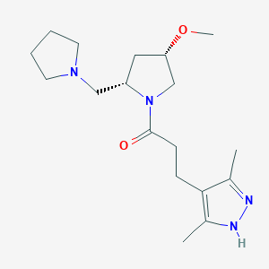 molecular formula C18H30N4O2 B6861798 3-(3,5-dimethyl-1H-pyrazol-4-yl)-1-[(2S,4S)-4-methoxy-2-(pyrrolidin-1-ylmethyl)pyrrolidin-1-yl]propan-1-one 