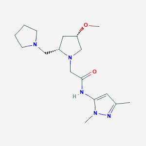 molecular formula C17H29N5O2 B6862085 N-(2,5-dimethylpyrazol-3-yl)-2-[(2S,4S)-4-methoxy-2-(pyrrolidin-1-ylmethyl)pyrrolidin-1-yl]acetamide 