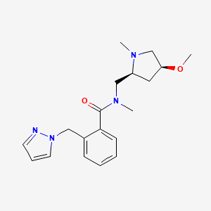 molecular formula C19H26N4O2 B6862303 N-[[(2S,4S)-4-methoxy-1-methylpyrrolidin-2-yl]methyl]-N-methyl-2-(pyrazol-1-ylmethyl)benzamide 