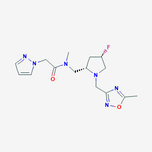 molecular formula C15H21FN6O2 B6863566 N-[[(2S,4S)-4-fluoro-1-[(5-methyl-1,2,4-oxadiazol-3-yl)methyl]pyrrolidin-2-yl]methyl]-N-methyl-2-pyrazol-1-ylacetamide 