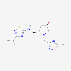 molecular formula C14H21FN6OS B6863806 N-[[(2S,4S)-4-fluoro-1-[(5-methyl-1,2,4-oxadiazol-3-yl)methyl]pyrrolidin-2-yl]methyl]-3-propan-2-yl-1,2,4-thiadiazol-5-amine 
