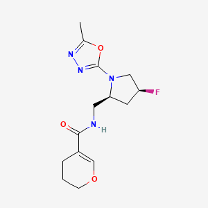 molecular formula C14H19FN4O3 B6863829 N-[[(2S,4S)-4-fluoro-1-(5-methyl-1,3,4-oxadiazol-2-yl)pyrrolidin-2-yl]methyl]-3,4-dihydro-2H-pyran-5-carboxamide 