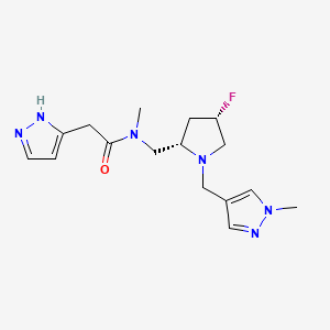 molecular formula C16H23FN6O B6863978 N-[[(2S,4S)-4-fluoro-1-[(1-methylpyrazol-4-yl)methyl]pyrrolidin-2-yl]methyl]-N-methyl-2-(1H-pyrazol-5-yl)acetamide 