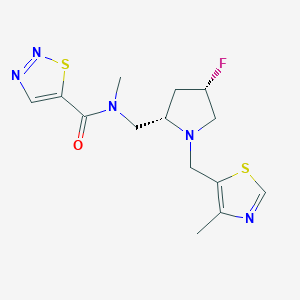 molecular formula C14H18FN5OS2 B6864301 N-[[(2S,4S)-4-fluoro-1-[(4-methyl-1,3-thiazol-5-yl)methyl]pyrrolidin-2-yl]methyl]-N-methylthiadiazole-5-carboxamide 