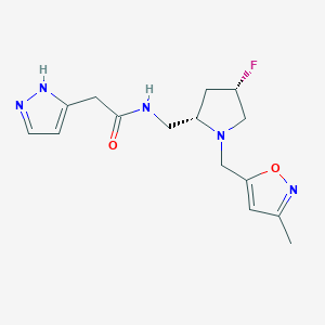 molecular formula C15H20FN5O2 B6864429 N-[[(2S,4S)-4-fluoro-1-[(3-methyl-1,2-oxazol-5-yl)methyl]pyrrolidin-2-yl]methyl]-2-(1H-pyrazol-5-yl)acetamide 