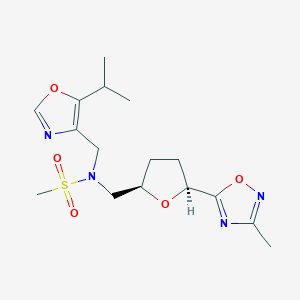 molecular formula C16H24N4O5S B6869072 N-[[(2R,5S)-5-(3-methyl-1,2,4-oxadiazol-5-yl)oxolan-2-yl]methyl]-N-[(5-propan-2-yl-1,3-oxazol-4-yl)methyl]methanesulfonamide 