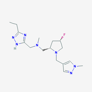 molecular formula C16H26FN7 B6869310 N-[(3-ethyl-1H-1,2,4-triazol-5-yl)methyl]-1-[(2S,4S)-4-fluoro-1-[(1-methylpyrazol-4-yl)methyl]pyrrolidin-2-yl]-N-methylmethanamine 