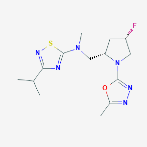 molecular formula C14H21FN6OS B6869516 N-[[(2S,4S)-4-fluoro-1-(5-methyl-1,3,4-oxadiazol-2-yl)pyrrolidin-2-yl]methyl]-N-methyl-3-propan-2-yl-1,2,4-thiadiazol-5-amine 
