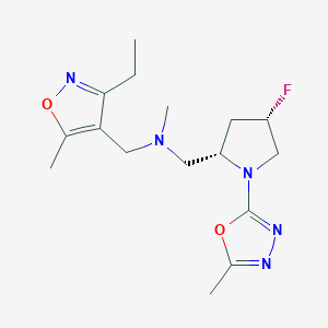 molecular formula C16H24FN5O2 B6869644 N-[(3-ethyl-5-methyl-1,2-oxazol-4-yl)methyl]-1-[(2S,4S)-4-fluoro-1-(5-methyl-1,3,4-oxadiazol-2-yl)pyrrolidin-2-yl]-N-methylmethanamine 