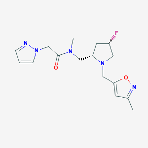molecular formula C16H22FN5O2 B6869656 N-[[(2S,4S)-4-fluoro-1-[(3-methyl-1,2-oxazol-5-yl)methyl]pyrrolidin-2-yl]methyl]-N-methyl-2-pyrazol-1-ylacetamide 