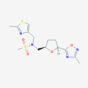 molecular formula C14H20N4O4S2 B6869742 N-[[(2R,5S)-5-(3-methyl-1,2,4-oxadiazol-5-yl)oxolan-2-yl]methyl]-N-[(2-methyl-1,3-thiazol-4-yl)methyl]methanesulfonamide 