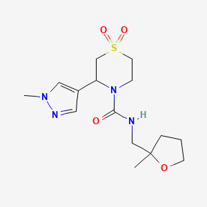 molecular formula C15H24N4O4S B6872553 N-[(2-methyloxolan-2-yl)methyl]-3-(1-methylpyrazol-4-yl)-1,1-dioxo-1,4-thiazinane-4-carboxamide 