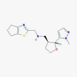 molecular formula C16H22N4OS B6873446 N-(5,6-dihydro-4H-cyclopenta[d][1,3]thiazol-2-ylmethyl)-1-[(2R,3S)-2-(2-methylpyrazol-3-yl)oxolan-3-yl]methanamine 