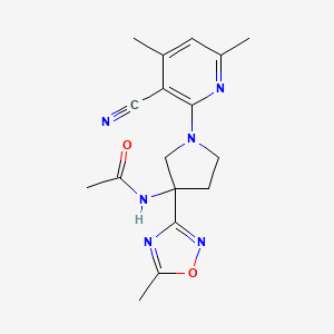 molecular formula C17H20N6O2 B6883797 N-[1-(3-cyano-4,6-dimethylpyridin-2-yl)-3-(5-methyl-1,2,4-oxadiazol-3-yl)pyrrolidin-3-yl]acetamide 