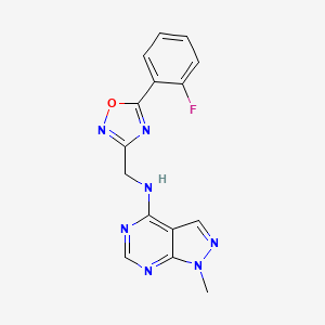 molecular formula C15H12FN7O B6890979 N-[[5-(2-fluorophenyl)-1,2,4-oxadiazol-3-yl]methyl]-1-methylpyrazolo[3,4-d]pyrimidin-4-amine 