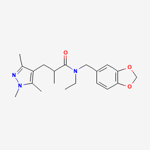 molecular formula C20H27N3O3 B6905996 N-(1,3-benzodioxol-5-ylmethyl)-N-ethyl-2-methyl-3-(1,3,5-trimethylpyrazol-4-yl)propanamide 