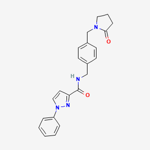 molecular formula C22H22N4O2 B6908291 N-[[4-[(2-oxopyrrolidin-1-yl)methyl]phenyl]methyl]-1-phenylpyrazole-3-carboxamide 