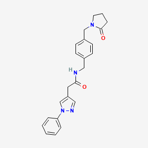 molecular formula C23H24N4O2 B6908350 N-[[4-[(2-oxopyrrolidin-1-yl)methyl]phenyl]methyl]-2-(1-phenylpyrazol-4-yl)acetamide 