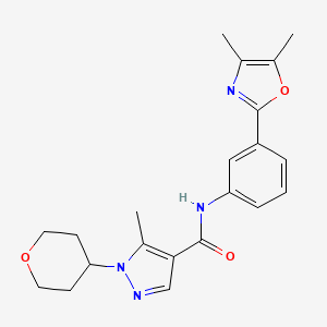 molecular formula C21H24N4O3 B6911941 N-[3-(4,5-dimethyl-1,3-oxazol-2-yl)phenyl]-5-methyl-1-(oxan-4-yl)pyrazole-4-carboxamide 