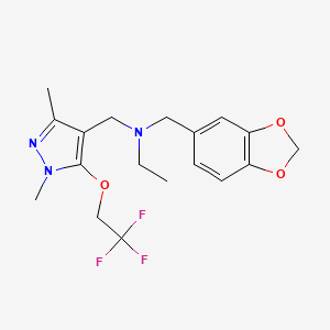 molecular formula C18H22F3N3O3 B6912973 N-(1,3-benzodioxol-5-ylmethyl)-N-[[1,3-dimethyl-5-(2,2,2-trifluoroethoxy)pyrazol-4-yl]methyl]ethanamine 