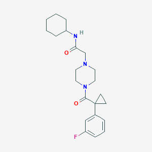 molecular formula C22H30FN3O2 B6913462 N-cyclohexyl-2-[4-[1-(3-fluorophenyl)cyclopropanecarbonyl]piperazin-1-yl]acetamide 