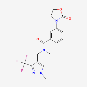 molecular formula C17H17F3N4O3 B6913486 N-methyl-N-[[1-methyl-3-(trifluoromethyl)pyrazol-4-yl]methyl]-3-(2-oxo-1,3-oxazolidin-3-yl)benzamide 