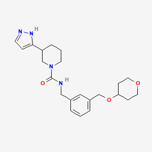 molecular formula C22H30N4O3 B6917820 N-[[3-(oxan-4-yloxymethyl)phenyl]methyl]-3-(1H-pyrazol-5-yl)piperidine-1-carboxamide 