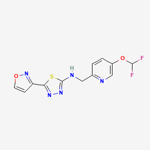 molecular formula C12H9F2N5O2S B6918992 N-[[5-(difluoromethoxy)pyridin-2-yl]methyl]-5-(1,2-oxazol-3-yl)-1,3,4-thiadiazol-2-amine 
