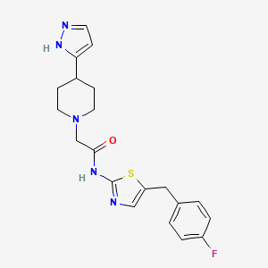 molecular formula C20H22FN5OS B6923788 N-[5-[(4-fluorophenyl)methyl]-1,3-thiazol-2-yl]-2-[4-(1H-pyrazol-5-yl)piperidin-1-yl]acetamide 