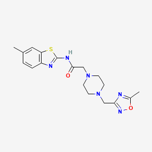 molecular formula C18H22N6O2S B6924160 N-(6-methyl-1,3-benzothiazol-2-yl)-2-[4-[(5-methyl-1,2,4-oxadiazol-3-yl)methyl]piperazin-1-yl]acetamide 