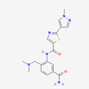 molecular formula C18H20N6O2S B6926253 N-[5-carbamoyl-2-[(dimethylamino)methyl]phenyl]-2-(1-methylpyrazol-4-yl)-1,3-thiazole-5-carboxamide 