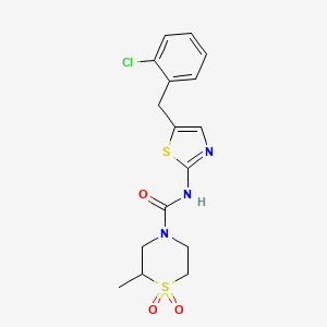 molecular formula C16H18ClN3O3S2 B6927961 N-[5-[(2-chlorophenyl)methyl]-1,3-thiazol-2-yl]-2-methyl-1,1-dioxo-1,4-thiazinane-4-carboxamide 