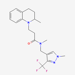 molecular formula C20H25F3N4O B6929137 N-methyl-3-(2-methyl-3,4-dihydro-2H-quinolin-1-yl)-N-[[1-methyl-3-(trifluoromethyl)pyrazol-4-yl]methyl]propanamide 