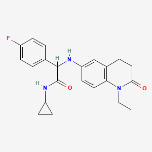 molecular formula C22H24FN3O2 B6929221 N-cyclopropyl-2-[(1-ethyl-2-oxo-3,4-dihydroquinolin-6-yl)amino]-2-(4-fluorophenyl)acetamide 