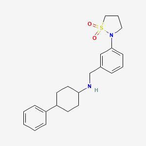 molecular formula C22H28N2O2S B6932982 N-[[3-(1,1-dioxo-1,2-thiazolidin-2-yl)phenyl]methyl]-4-phenylcyclohexan-1-amine 